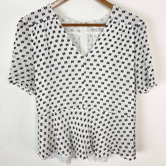 Lewit Clipped Dot Blouse Size M White Black Silk Cotton Crepe Flutter Sleeve Top - Picture 2 of 12